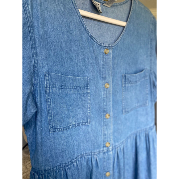 Vintage Boundary Waters Denim Dress Midi Button Front Pockets L Cottagecore 90s - Picture 2 of 11